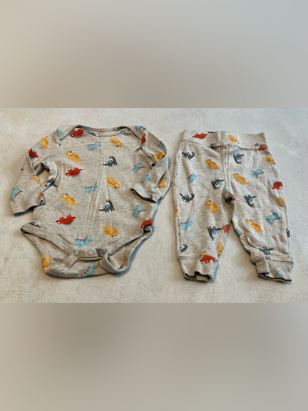 Organic Cream Baby One-Piece and Pants Set with Multicolor Dinosaurs